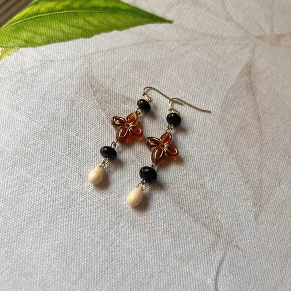 Amber Tone Cross Shape Earthy Boho Bohemian Stone Beige Western Casual Earrings - Picture 2 of 7